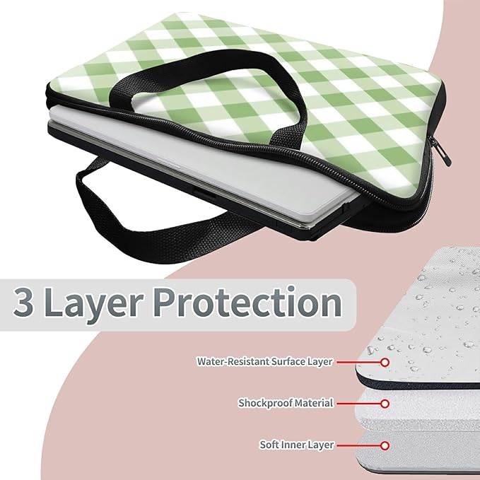 Laptop Sleeve Case Bag 15 inch, Green and White Checkered Slim Carrying Case Handbag Travel Laptop Bag for 15 inch MacBook Air M3/M2/15 Pro/Surface Laptop 7/6/5/4/3/ Dell XPS 15 Plus