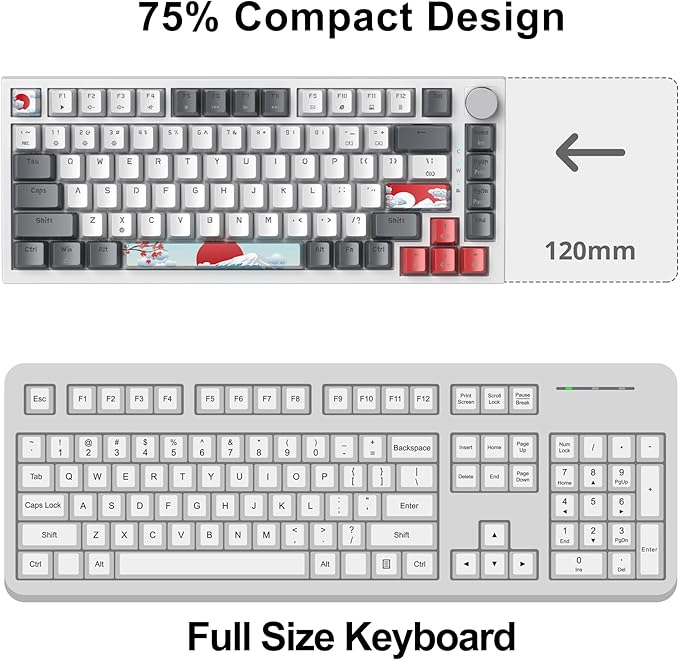 Fogruaden Wired 75% Percent Mechanical Keyboard, Hot Swappable, Red Switch, TKL Mechanical Keyboard, Gasket Mount, RGB Backlit Compact Gaming Keyboard with Volume Knob(GreyWhite)