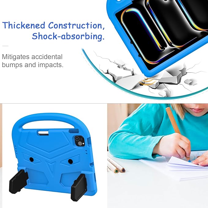 Kids Case for iPad Pro 11" M5 2025/M4 2024 & iPad Air 11" M3 2025/M2 2024, Techcircle Child Shock Proof EVA Protective [Support Pencil Charging] Handle Stand Cover, Blue