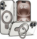 Compatible with iPhone 16 Case with Invisible Magnetic Ring Stand [Compatible with Mag-Safe] [Full Camera Lens Protector] Plating Clear Phone Case for iPhone 16 6.1", Grey
