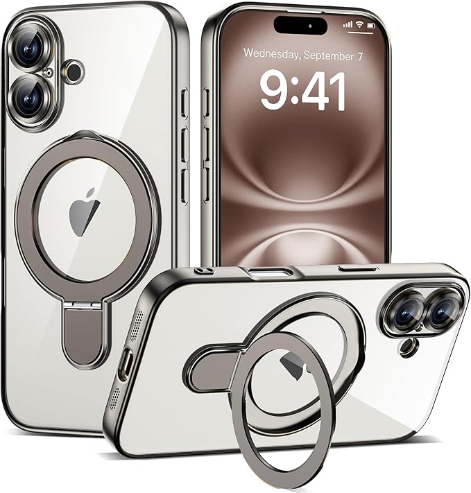 Compatible with iPhone 16 Case with Invisible Magnetic Ring Stand [Compatible with Mag-Safe] [Full Camera Lens Protector] Plating Clear Phone Case for iPhone 16 6.1", Grey