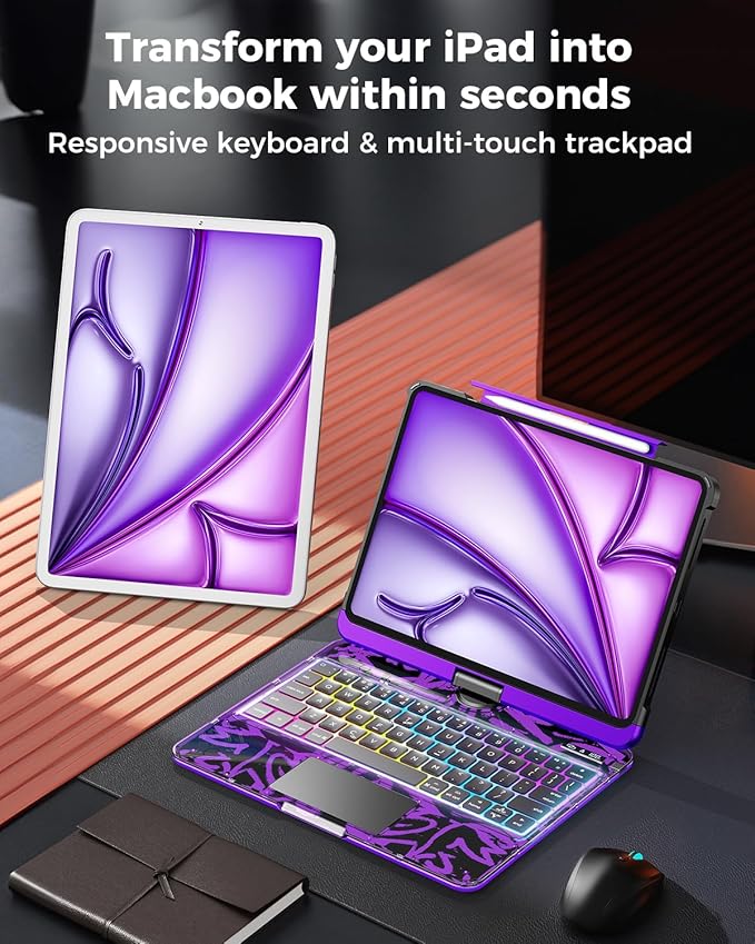 TSQQST Clear Wireless Keyboard Case for iPad Air 13 Inch (M4/M3/M2, 2025/2024/2026)/ iPad Pro 12.9" (6th/5th/4th/3rd Gen), 7-Color Backlit, Pencil Holder & Multi-Touch Trackpad, 360 Rotatable, Purple