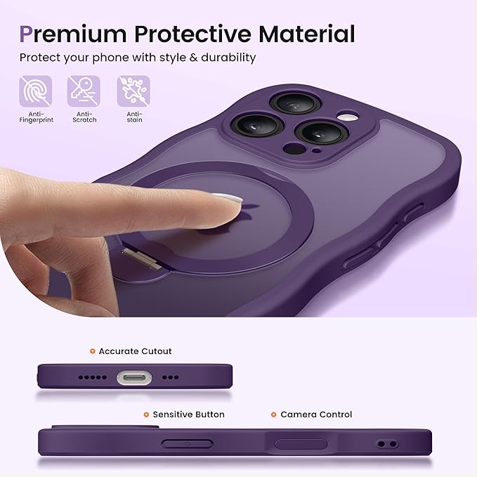 CAPRARO for iPhone 16 Pro Max Case with 360° Spin Magnetic Stand for Women, [Compatible with MagSafe] [Full Camera Protection] Cute Wave Translucent Matte Case for iPhone 16 Pro Max, Deep Purple