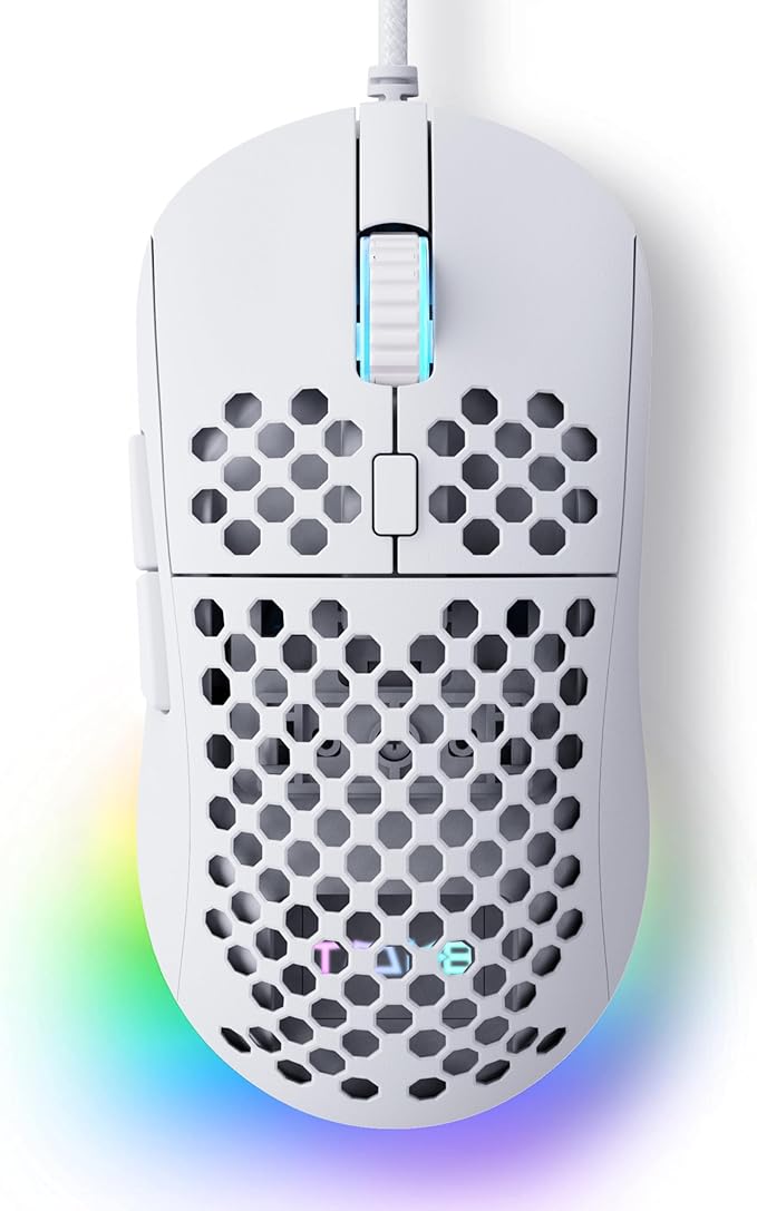 TMKB Falcon M1SE Ultralight Honeycomb Gaming Mouse, High-Precision 12800DPI Optical Sensor, 6 Programmable Buttons, Customizable RGB, Drag-Free Paracord, Ergonomic, Wired - Matte White