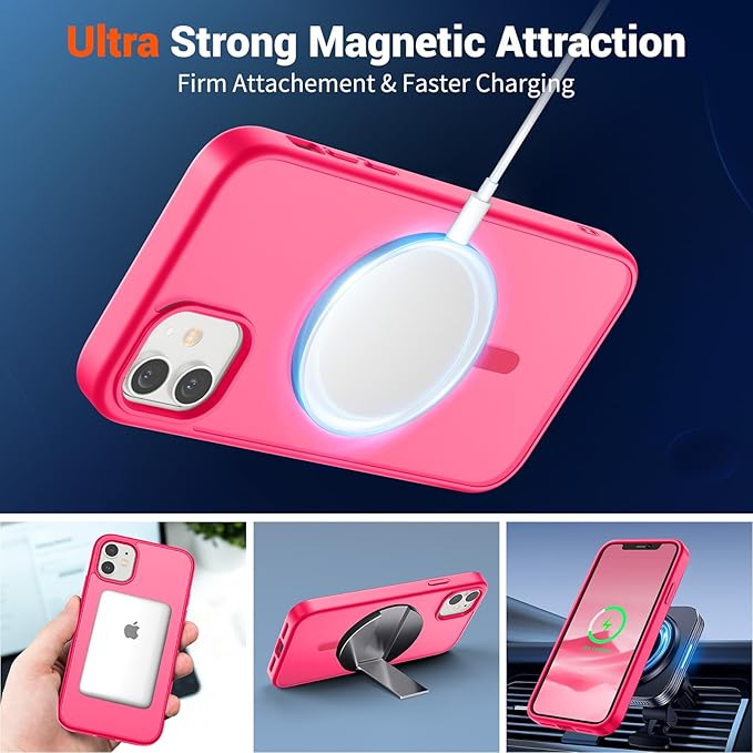 SUPFINE Magnetic for iPhone 12 Mini Case & iPhone 13 Mini Case (Compatible with MagSafe) (Military Grade Drop Protection) Slim Translucent Matte Shockproof Phone Cover,Hot Pink