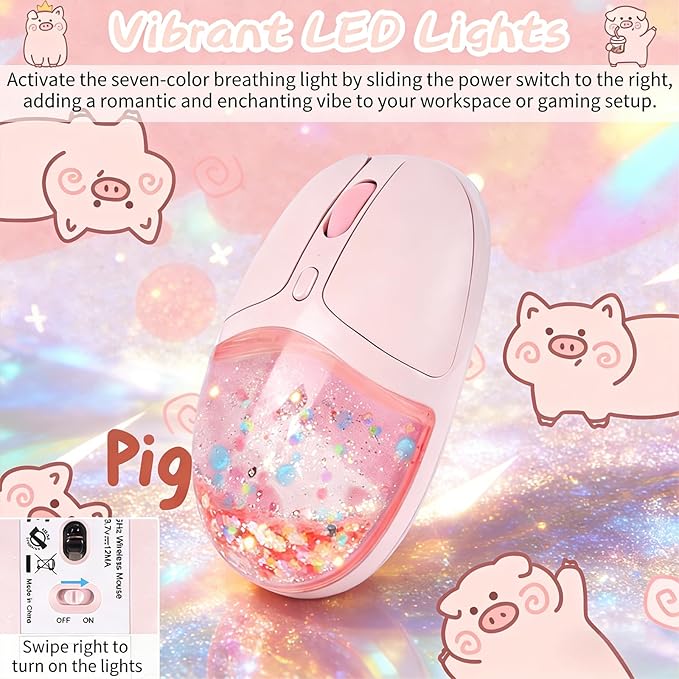 elec Space Wireless Bluetooth Mouse -Cute Clear Aqua Design, Glitter Liquid Sand Water Mouse with Optical Precision, Silent Clicks, LED Breathing Light,Transparent Retro Style for Home Office (Pink)