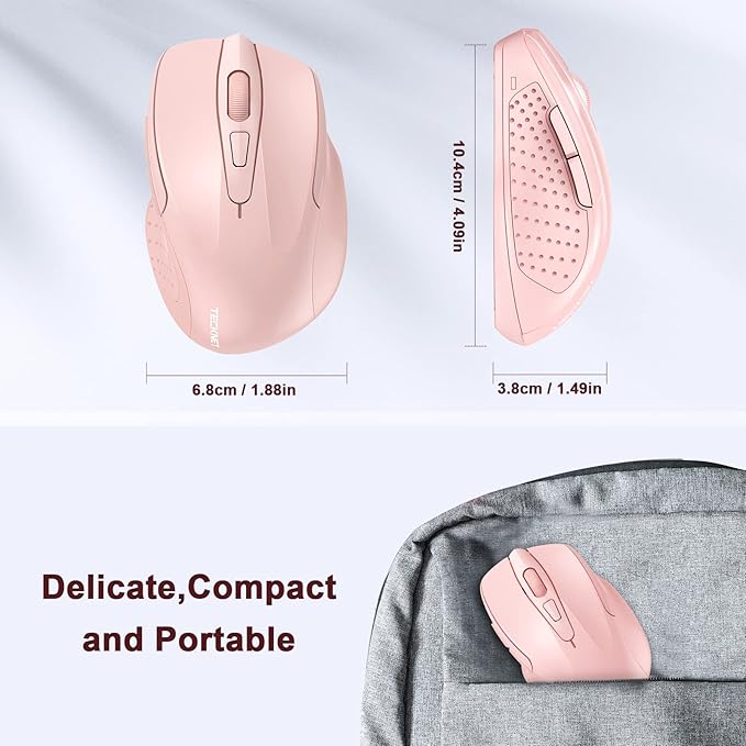 TECKNET Wireless Mouse, 2.4G Ergonomic Optical Mouse, Computer Mouse for Laptop, PC, Computer, Chromebook, Notebook, 6 Buttons, 24 Months Battery Life, 2600 DPI, 5 Adjustment Levels - Pink