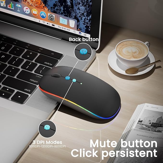 Halpilt LED Wireless Mouse A100S Rechargeable Portable Silent Mouse with Optional USB and Type-C Receiver 3-Speed Adjustable DPI for PC/Mac/Laptop (Frosted Black)