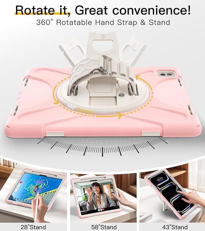 BRAECN for iPad Pro 13 inch Case M5 2025 & M4 2024 Heavy Duty Shockproof Protective with Pencil Holder Screen Protector 360°Rotating Stand Handle & Shoulder Strap Full Body Cover Kids Friendly