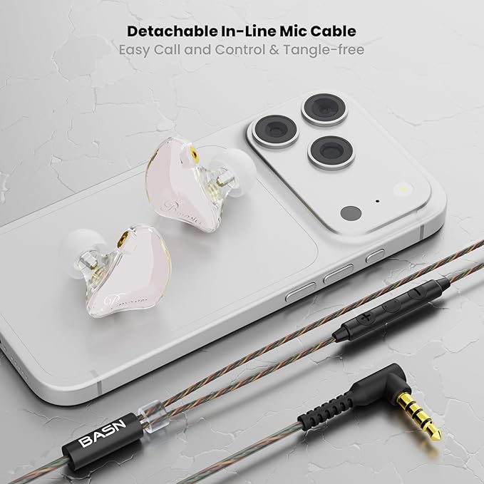 BASN in Ear Monitor Headphones, Triple Driver IEM Earphones with Powerful Bass, Noise Isolation HiFi Stereo Wired Earbuds for Musicians Singers Drummers (Cloud Pink)