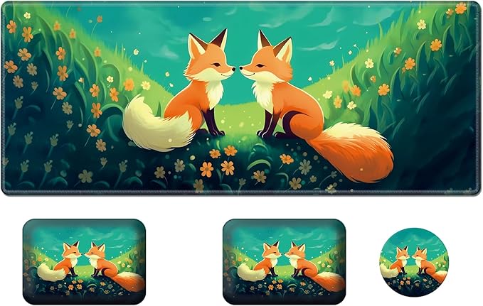 Wrist Elbow Support Arm Rest Desk Mouse Pad Set,Large Mouse Pad + 2 Elbow Rest Pad + Coaster,(31.5×11.8 in) Ergonomic Memory Foam for Office,Gaming,Computer,Laptop-Cute Fox