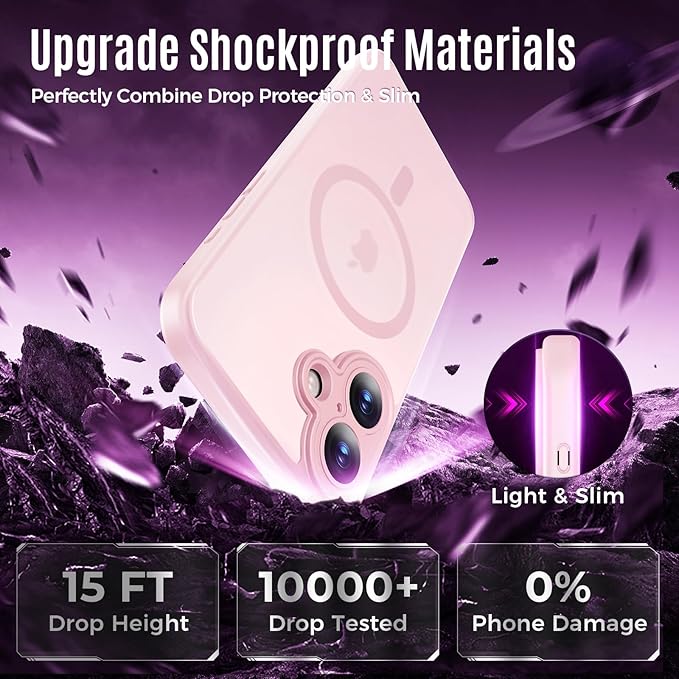 Symcele Designed for iPhone 16 Case, Compatible with MagSafe, with Privacy Screen Protectors X2, [Camera Protection] [15FT Military Drop Protection] Shockproof Phone Case, 6.1", Pink