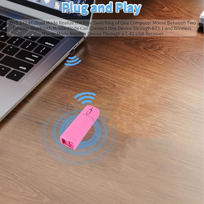 elec Space Wireless Mini Finger Mouse - Silent Dual-Mode Bluetooth & 2.4GHz, Ergonomic Portable PC Mouse with Case, Compatible with MacBook and Chromebook (Pink)