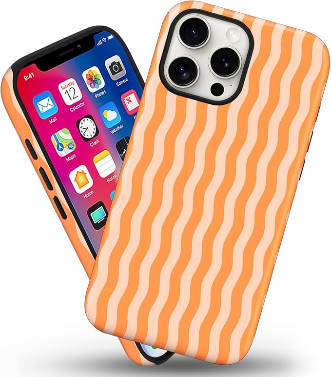Magnetic for iPhone 15 Case Cute Wavy Stripes Phone Case, Shockproof Slim TPU and Hard PC Protective Phone Cover Compatible with MagSafe Designed for Women Girls, Orange