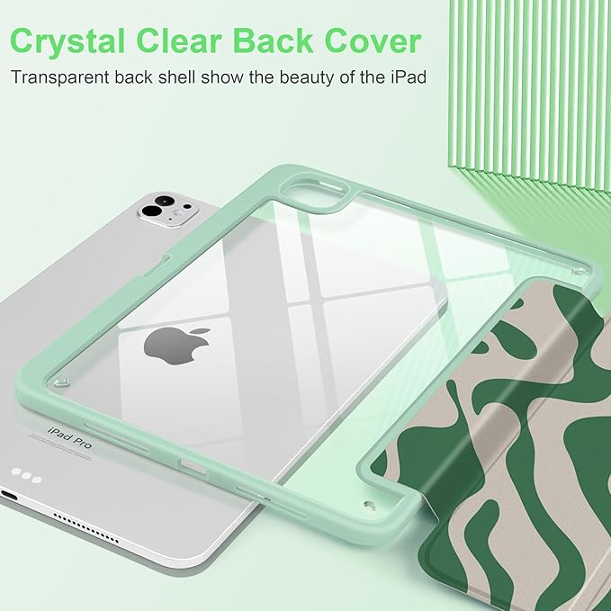 TWOLSKOO Case for iPad Pro 11-inch (M5 2025 / M4 2024), Clear Acrylic Back with TPU Bumper, Pencil Holder, Trifold Stand, Auto Sleep/Wake, Green Waves