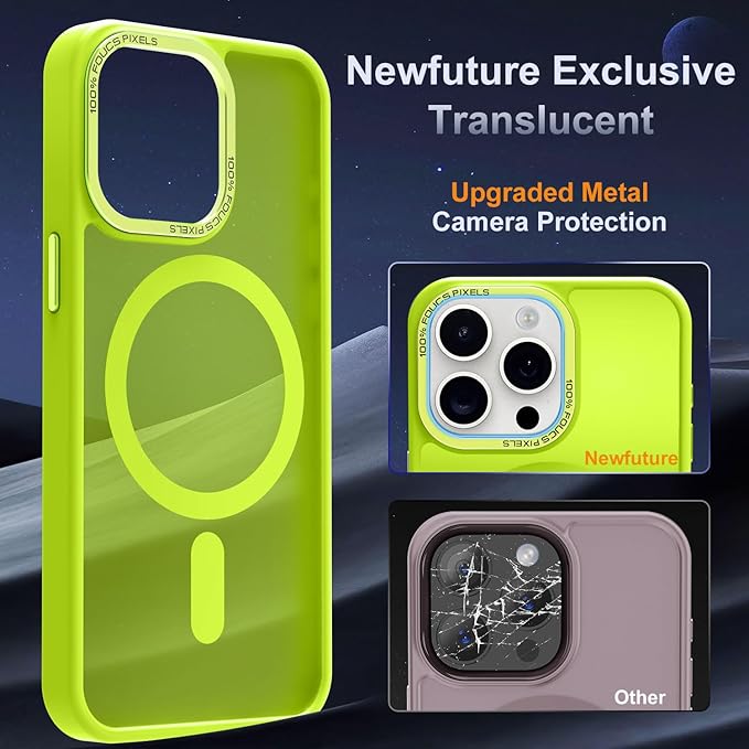 Newfuture Upgraded Magnetic for iPhone 15 Pro Max Case [Compatible with Magsafe] [Mil-Grade Protection], Pocket-Friendly, Translucent Phone Case Cover for iPhone 15 Pro Max 6.7", Fluorescent Green