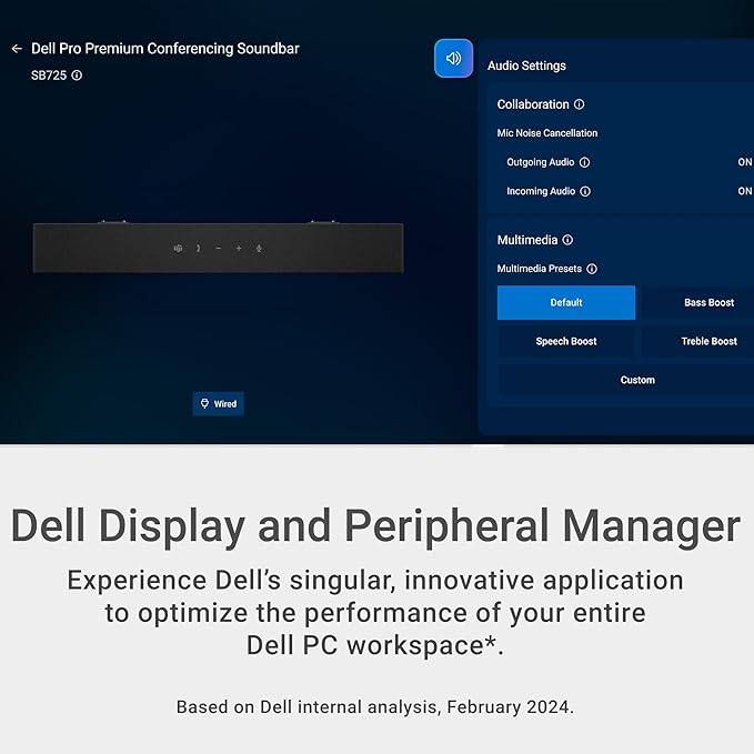 Dell Pro Premium Conferencing Soundbar - SB725 - Controls End/Call/Volume Down/Volume Up/MS Teams, LED Status Indicator, Wired, AI-Based Noise Cancellation, Superior Audio Experience