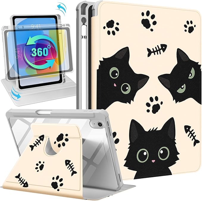 Uppuppy for iPad A16 Case for iPad 10th Generation Case 10.9 inch - 360 Degree Rotating Stand Folio Smart Cover with Pencil Holder for Women Girls, Black Cats for Apple Tablet 10th 2022/11th 2025