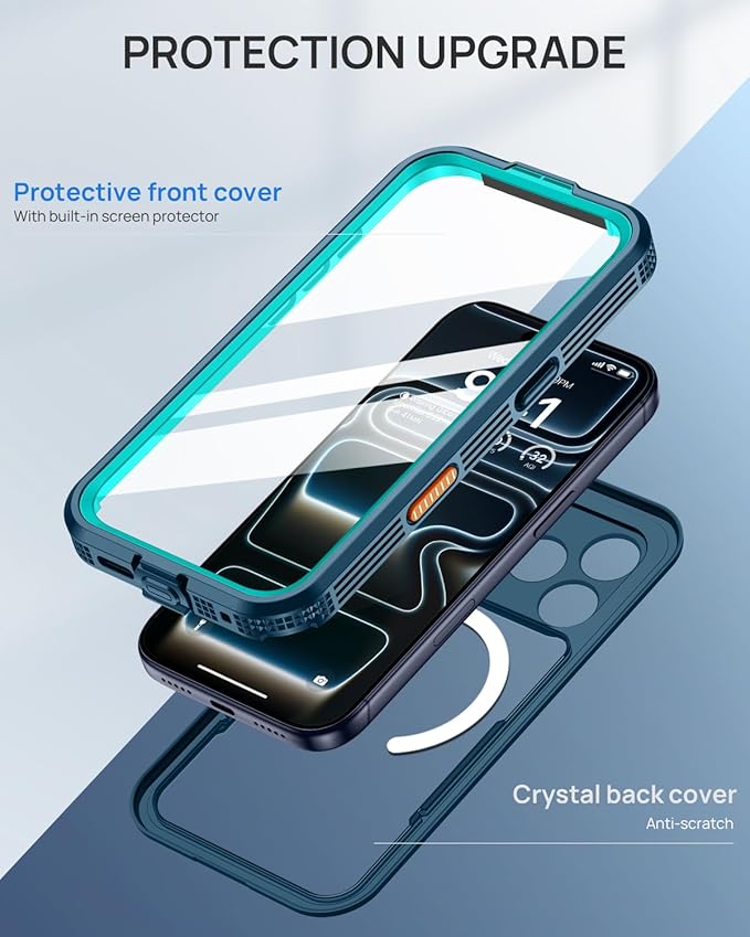 Lanhiem Magnetic for iPhone 17 Pro Max Case, IP68 Waterproof, Dustproof, Compatible with Magsafe, Built-in Screen Protector, Full Body, Heavy Duty, Rugged Phone Cover, 6.9 inch, Blue