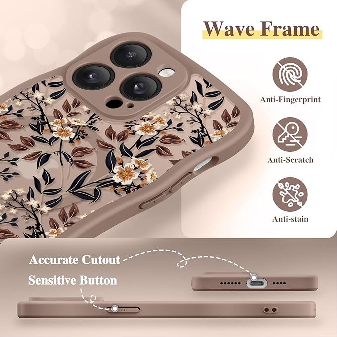 GVIEWIN for iPhone 14 Pro Max Case Compatible with MagSafe [Curly Wave Edge][Full Camera Protection] Floral Translucent Shockproof Magnetic Women Phone Case for 14 Pro Max, Bunchflower/Brown