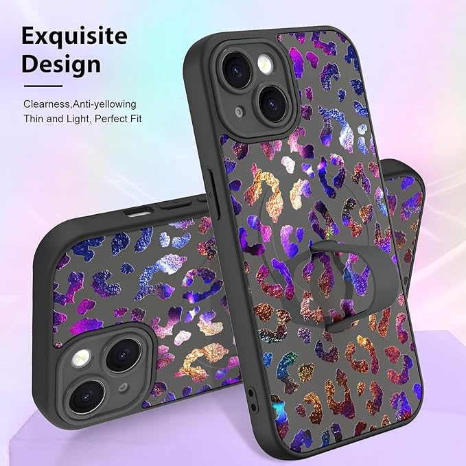 KANGHAR Compatible with iPhone 15 Case, Support for MagSafe, Silicone Cute Iridescent Leopard Cheetah Pattern, Wristband Kickstand Shockproof Protective Slim Cover for Women Girls, Black