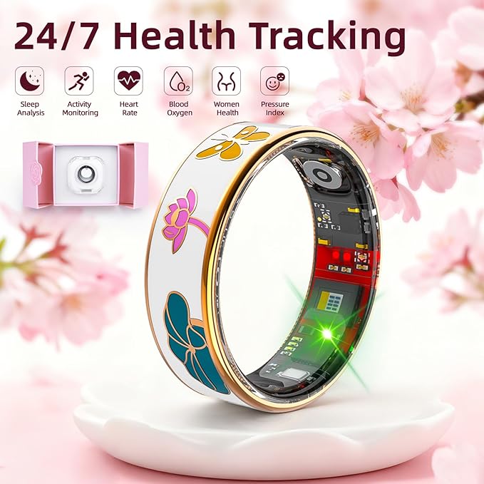 Smart Ring Health Tracker, Men & Women, Featuring a Heart Rate Monitor, Sleep Tracker, 8 Exercise Modes, Step Counter, IP68 Waterproof (White, 8)
