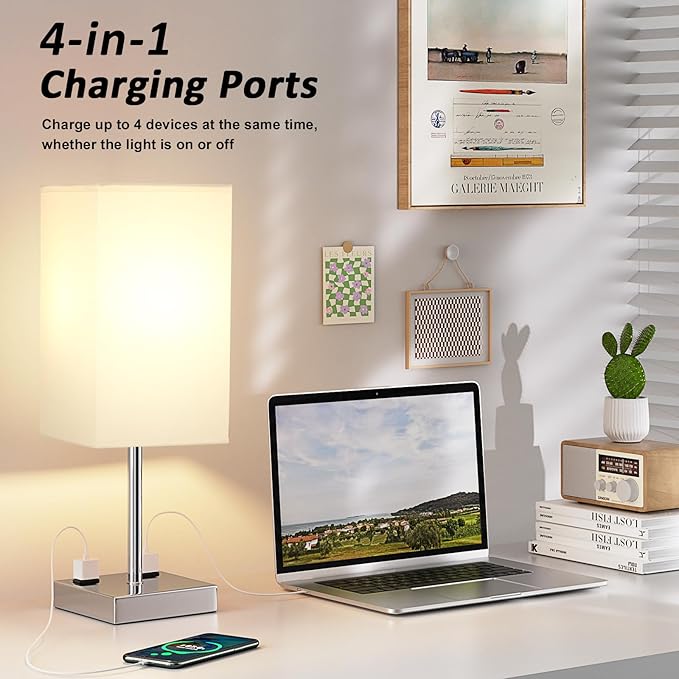 Touch Bedside Table Lamp For Nightstand - 3-Way Dimmable Night Lamp with USB A + Type C Charging Ports and two AC Outlets, Small Desk Light with E26 LED Bulb for Bedroom Living Room, WHITE PLUS