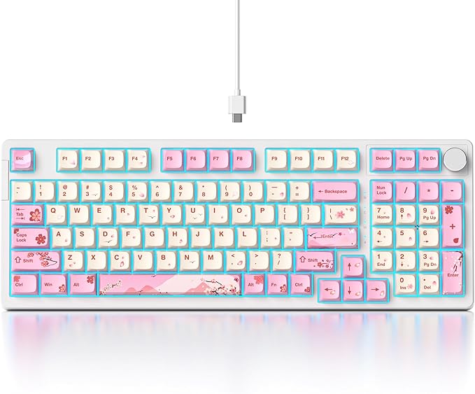 Fogruaden Pink Creamy Mechanical Keyboard with Number Pad, Hot Swappable RGB Gaming Keyboard, 98 Key Full Layout, Custom Gasket Mount, Red Switch, NKRO for Win/Mac