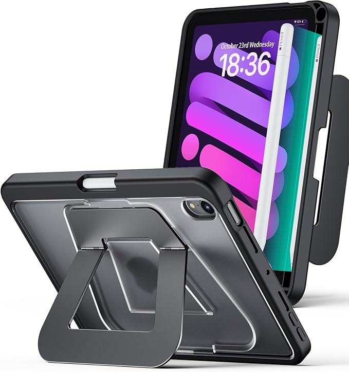 Case for iPad mini 7 A17 Pro 2024/iPad Mini 6 2021 8.3 Inch/iPad mini 7th/6th Gen Case,Dual Multi-Angle Adjustable Kickstand Protective Cover with Built-in Pencil Holder,Hard Backplate,Black
