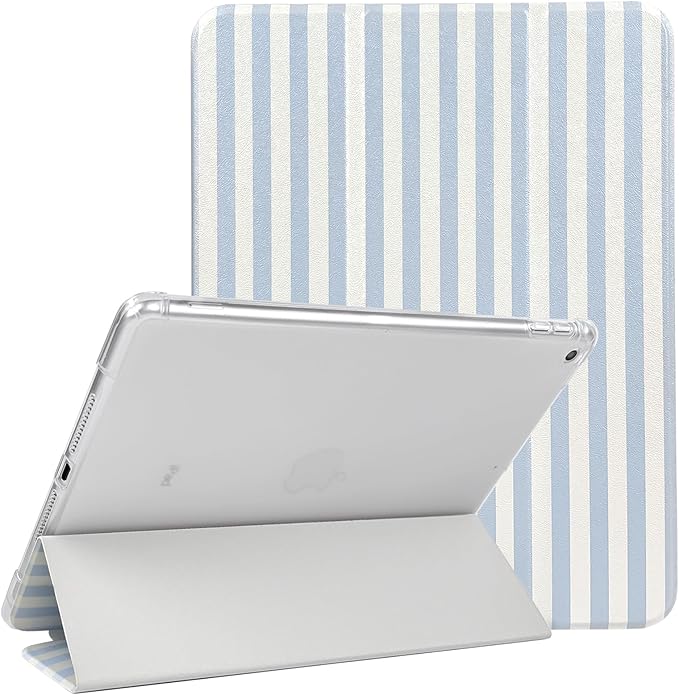 Lovmooful Compatible for iPad 5/6 (9.7-Inch,2018/2017 Model,6th/5th Generation) Case with Pencil Holder Cute Striped with Aesthetic Design Soft TPU Trifold Stand Protective-Blue&White