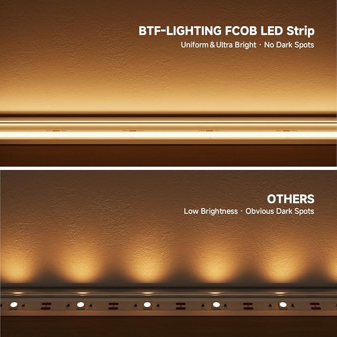BTF-LIGHTING FCOB COB LED Strip 2700K 596+LM/FT Super Bright UL Listed DC24V 16.4FT 480LED/m 10mm Width Flexible High Density CRI 90+ Dimmable LED Light for Home Indoor Decor(No Controller or Adapter)