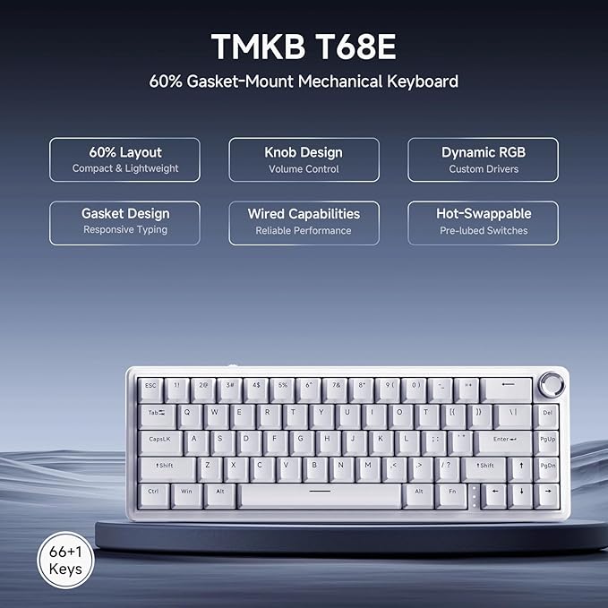 TMKB T68E 60% Wired Gaming Mechanical Keyboard, RGB Backlit Hot-Swappable Gasket Mount, Creamy Keyboard with Pre-Lubed Blueberry Switch, White