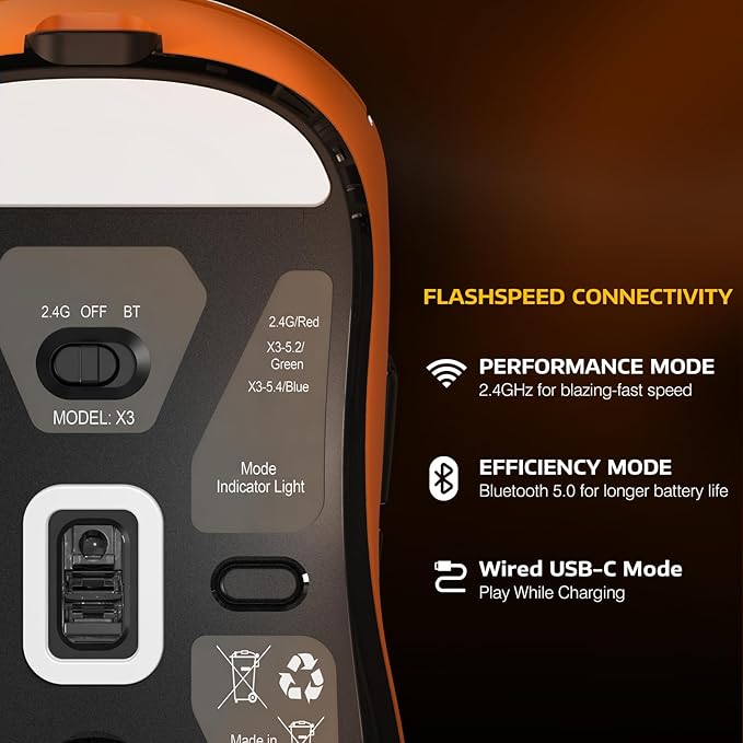 MANBASNAKE Attack Shark X3 Wireless Gaming Mouse, 49g Triple Mode Ergonomic Computer Mouse, PAW3395 26K DPI Sensor, 200h Battery Life, Griptape, Programmable Buttons for PC/Laptop/Mac (Orange)