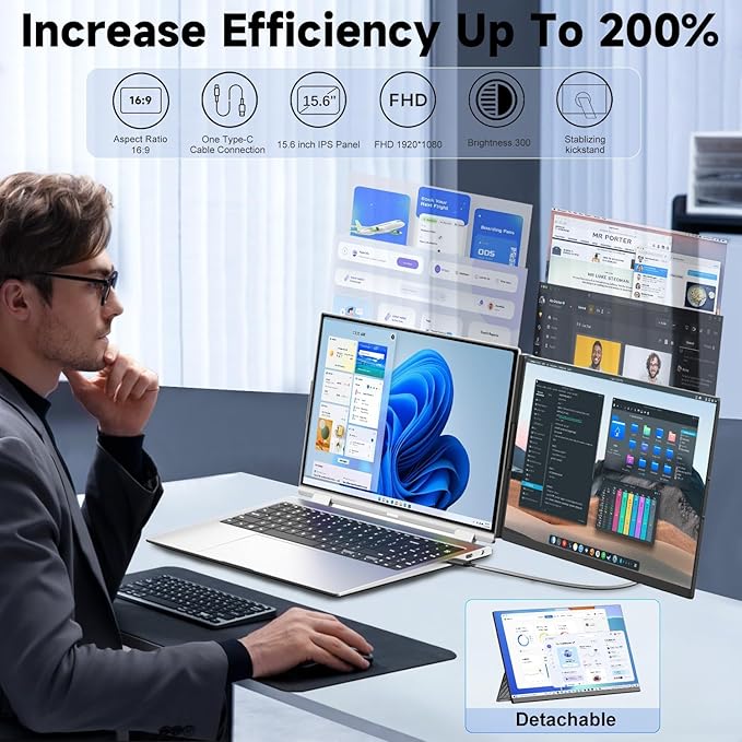 KEFEYA Laptop Screen Extender, 15.6" FHD 1080P IPS Laptop Monitor Extender Detachable, Portable Monitor for Laptops 13-17.3" with Breath Light, Plug n Play for Windows/Mac/Android/Switch/PS5
