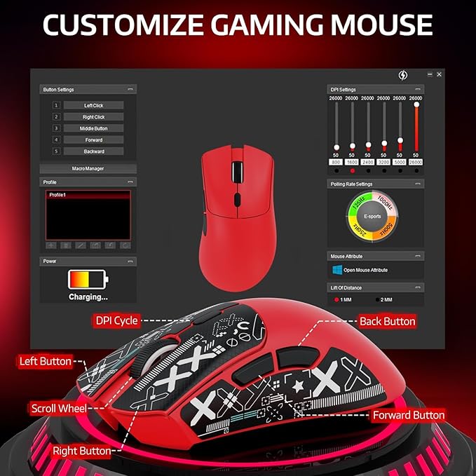 ATTACK SHARK R1 Wireless Gaming Mouse,Tri-Mode Connection (2.4G/Wired/BT5.2),55g Lightweight,18K DPI Optical Sensor,HUYU 20 Million Key Life,Ergonomic Design,for PC/Laptop/Win/Mac(Red+Sticker)