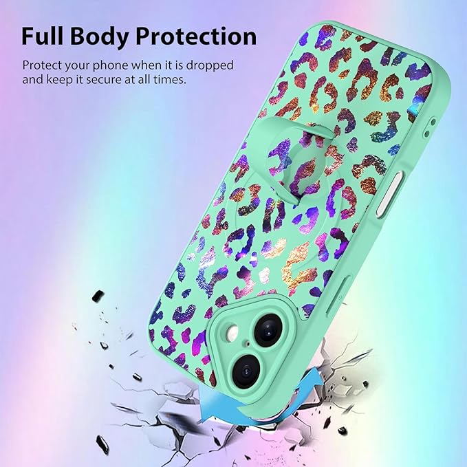 KANGHAR Compatible with iPhone 16 Case, Support for MagSafe, Silicone Cute Iridescent Leopard Cheetah Pattern, Wristband Kickstand Shockproof Protective Slim Cover for Women Girls, Green