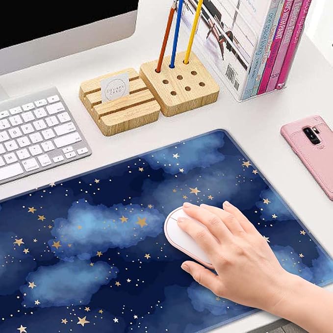 Stars and Clouds Desk Mat Large Gaming Mouse Pad XL Extended Mousepad Desk Pad Big Keyboard Pad Desktop Mouse Mat 31.5"x11.8" Deskmat for Gamers with Stitched Edges Non-Slip Rubber Base