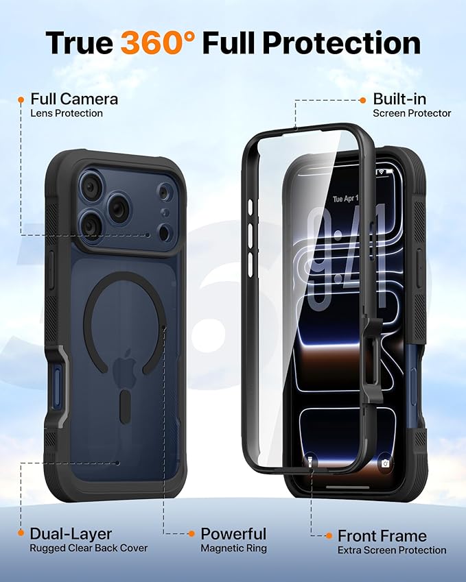 Diaclara Magnetic Designed for iPhone 17 Pro Max Case Full Body Bumper,[Compatible with MagSafe] Military Drop Proof Cover with Built-in Touch Sensitive Anti-Scratch Screen Protector, Black