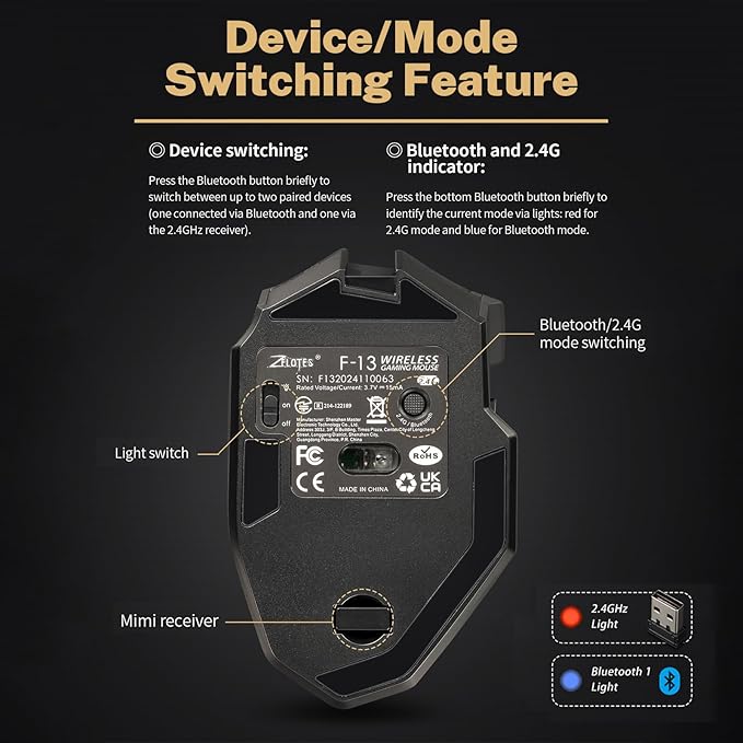 Wireless Gaming Mouse, RGB Dual Mode Bluetooth Mouse Up 24,000 DPI, 13 Macro Programmable Buttons, Optical Computer Mouse 50Hrs for PC Laptop MOBA FPS, PMW-3311, Comfort Grip (Black)