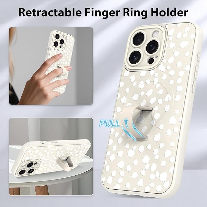 KANGHAR Compatible with iPhone 16 Pro Case, Support for MagSafe, Silicone Speck Leopard Cute Pattern, Wristband Kickstand Camera Protection Soft Slim Cover for Girls Women -White