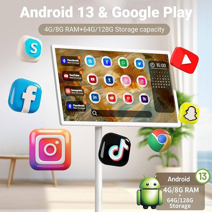 Portable Smart 27/32 in Full Hd Touchscreen Monitor, with Wheels and Remote Control, 5-6Hour Battery Life,Wireless/Wired Screen Mirroring, Rotating Display，4+64GB/8+128GB 32IN-8+128GB