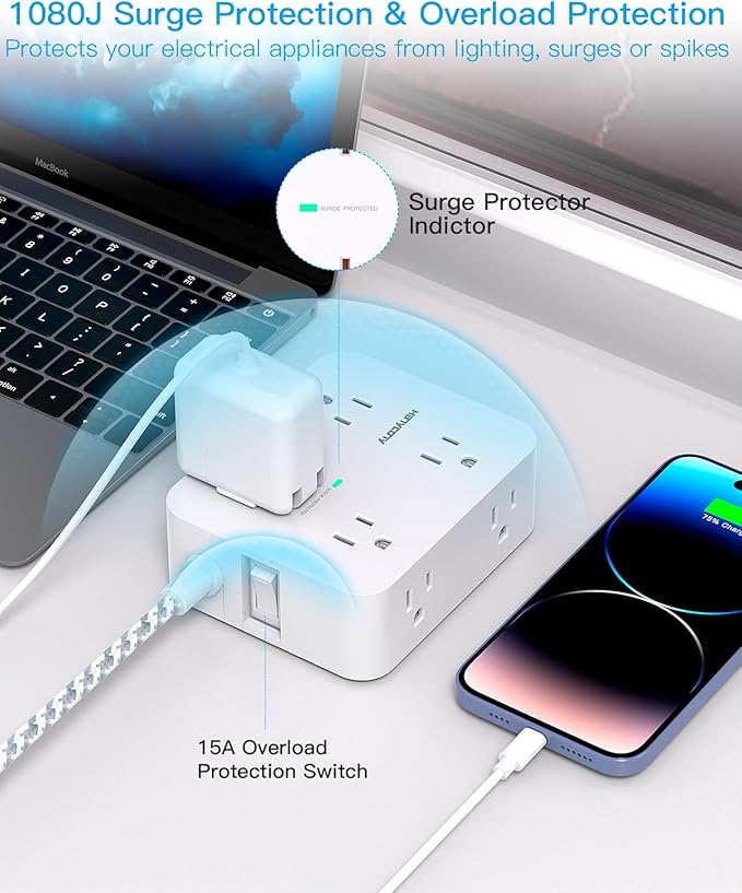 HANYCONY Extension Cord 25 Ft, Surge Protector Power Strip with 8 Outlets 4 USB Ports(2 USB C), Long Cord, Wall Mount, Desk USB Charging Station for Home Office College Dorm Room Essentials