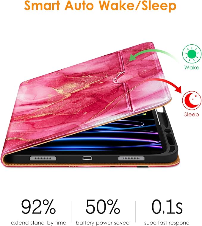 DTTO iPad Pro 12.9 6th / 5th / 4th / 3rd Generation Case 2022/2021/2020/2018, Premium Leather Folio Stand Cover with Built-in Apple Pencil Holder -Auto Wake/Sleep and Multi Viewing Angles,Red Marble