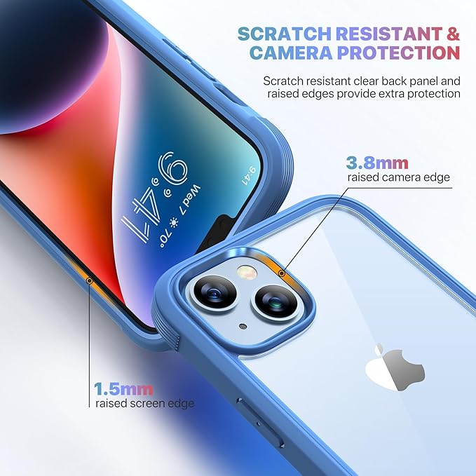 Diaclara Designed for iPhone 14 Plus Case, Full Body Rugged Case with Built-in Touch Sensitive Anti-Scratch Screen Protector, with Camera Lens Protector (Blue and Clear)