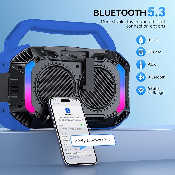 Wilody Speakers Bluetooth Wireless, 100W Loud Outdoor Speaker with Bass, IPX7 Waterproof Floatable, 20H Playtime, Wireless Charge, TWS, RGB Light, Portable Speaker for Work, Garage, Outdoor (Blue)