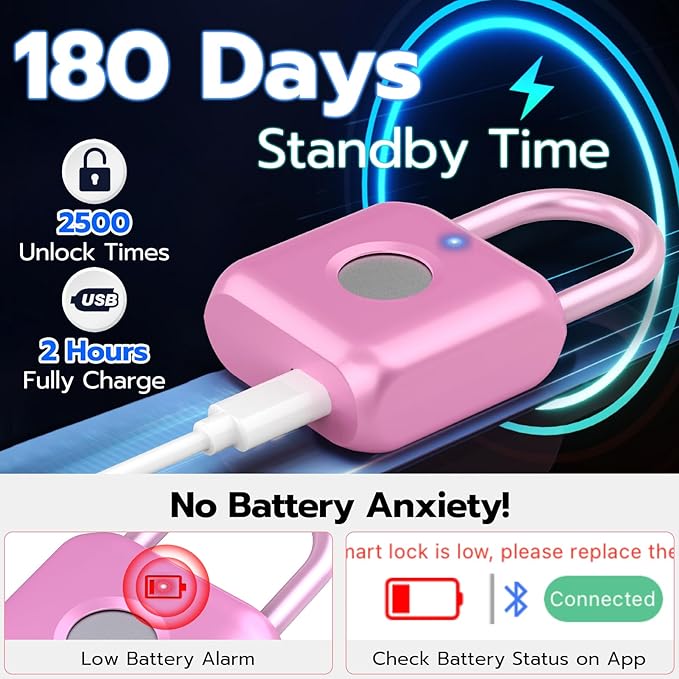 Fingerprint Padlock,Smart Padlock APP Control,Fingerprint Locker Lock,Gym Lock USB Rechargeable for Gym Locker,Locker, School,Storage Pink