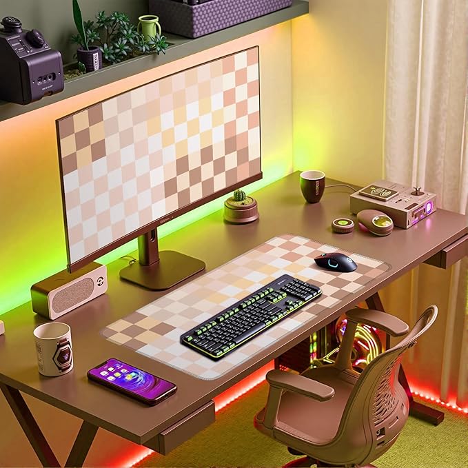 Checkered Boho Desk Mat Beige Pink Mouse Pad XXL Pastel Retro Large Mouse Pad with Stitched Edges, Keyboard Pad Mouse Mat for Computer Aesthetic Office Decor Desk Matt for Desktop 31.5 X 15.7In