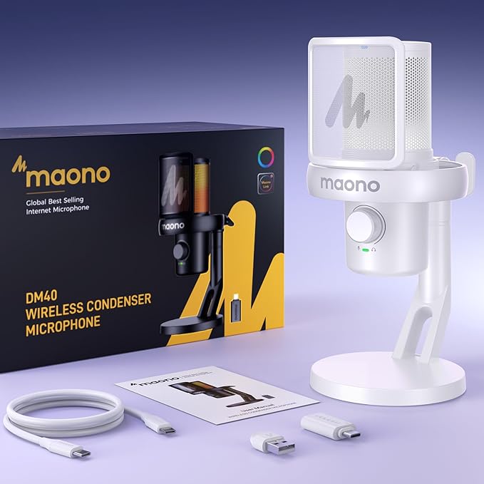 MAONO Wireless Microphone for PC, USB Gaming Mic with 6 Modes AI Voice Changer, 48kHz/24bit, 40H Battery, Intelligent Noise Reduction, RGB, One-Click Mute for Computer Podcast Recording Streaming,DM40