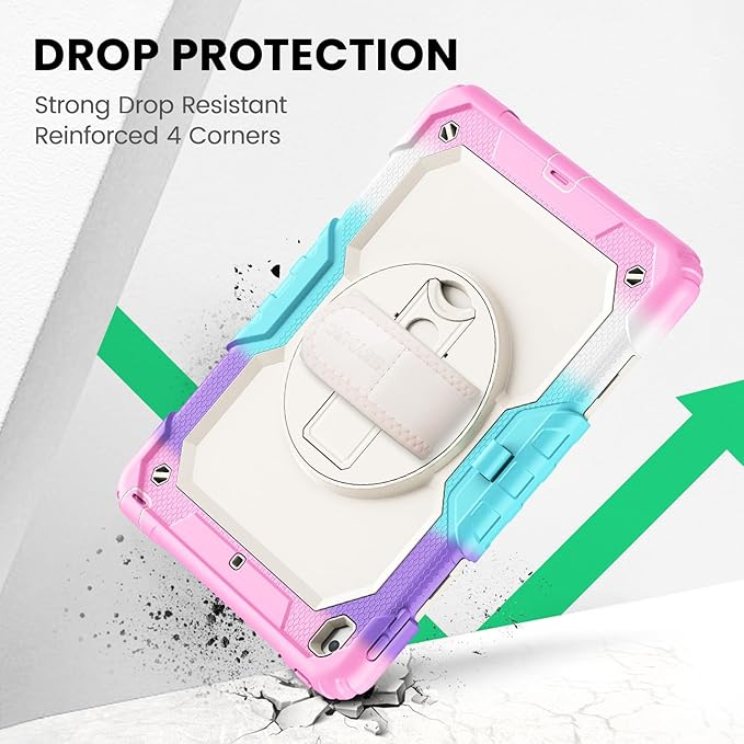SEYMAC Kids Case for iPad 9th/8th/7th Generation 10.2", Full-Body Shockproof Heavy Duty Protective Case with Screen Protector, Rotating Stand/Handle/Shoulder Strap, Colorful Pink