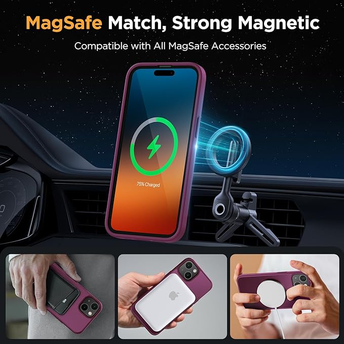Miracase Magnetic for iPhone 15 Case (Compatible with MagSafe)（with 2X Screen Protectors） Military-Grade Protection, Anti-Fingerprint Translucent Matte Phone Cover for iPhone 15 6.1 inch, Wine Red